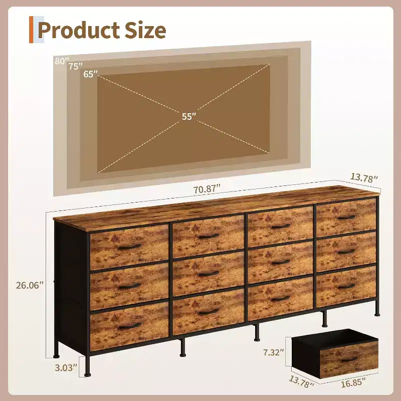 Modern 70 Inch Dresser & TV Stand, 12 Fabric Drawers, for Bedroom, Living Room, Entryway