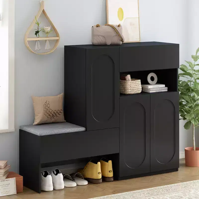 51W Storage Bench Shoe Bench Shoe Cabinet Shoe Rack Organizer with Cushion, Adjustable Shelves, Arched Doors and Rebound Devices, White/Black