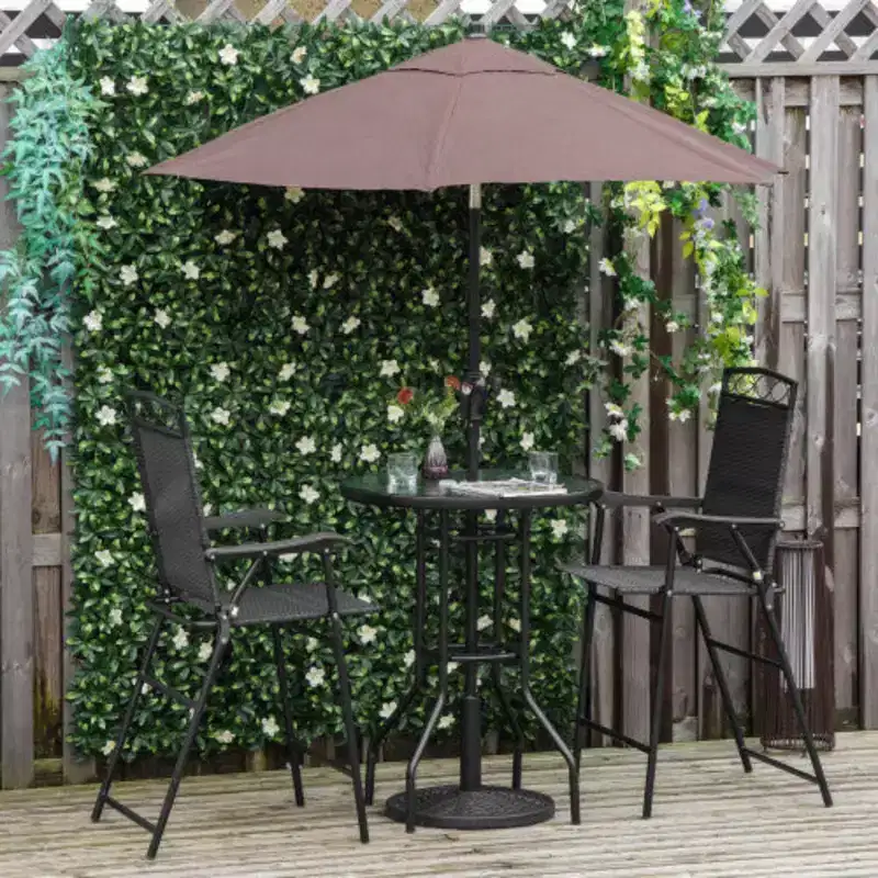 4-Piece Outdoor Patio Dining Set with Wave-Textured Tempered Glass Table, 2 Folding Chairs & Adjustable Angle Umbrella for Patio Garden - Black
