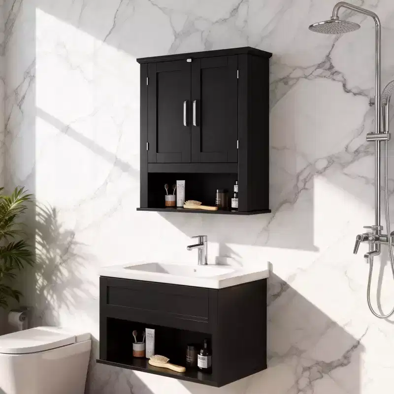 Black Bathroom Wall Cabinet 2-Door with 1-Shelf