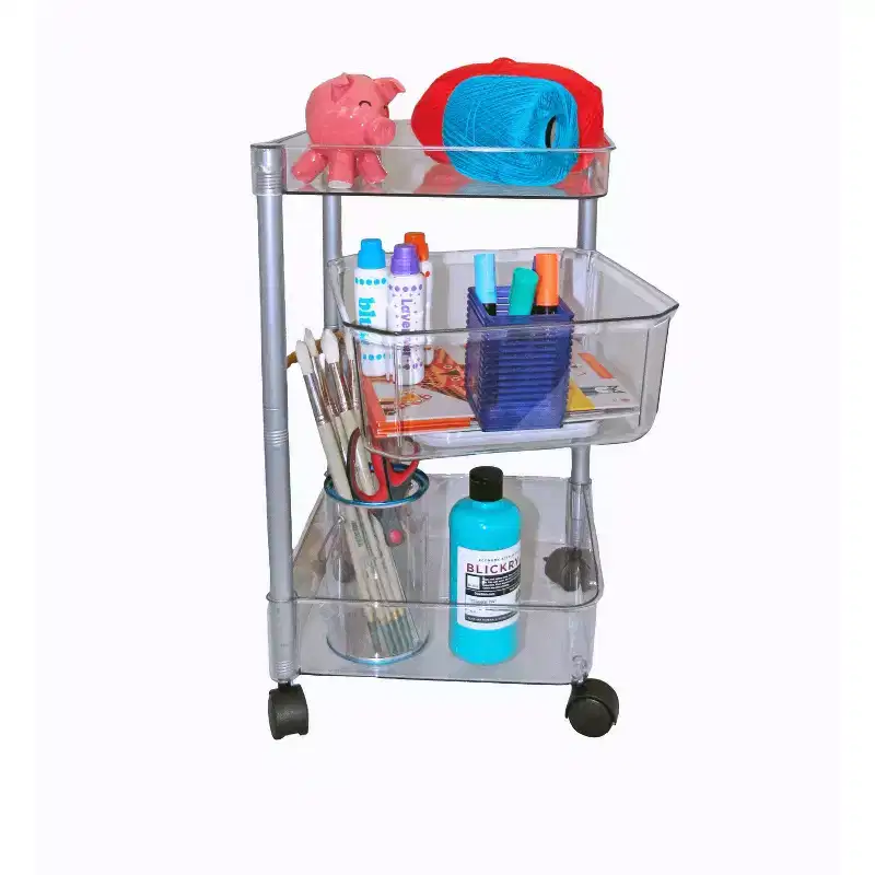 3-Tier Acrylic Clear Rolling Cart, Steel Posts, Swivel Center Bin, Locking Casters – 23