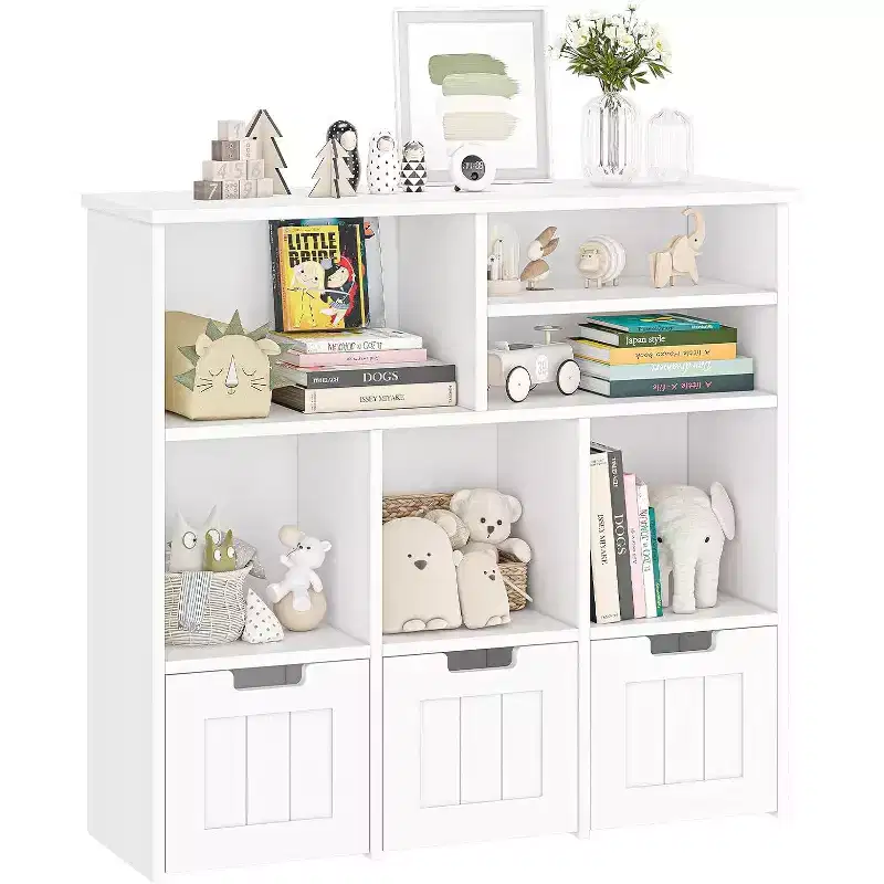 Toy Storage Cabinet with 3 Movable Drawers & 6 Cubes, Children's Toy Shelf Kids Bookshelf with Hidden Wheels, Kids Bookcase Toy Storage Organizer