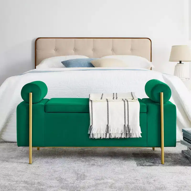 Elegant Upholstered Line Storage Bench with Cylindrical Arms and Iron Legs for Hallway Living Room Bedroom Green