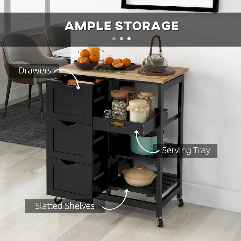 Rolling Kitchen Island Cart with Wood Top, Shelves and Drawers