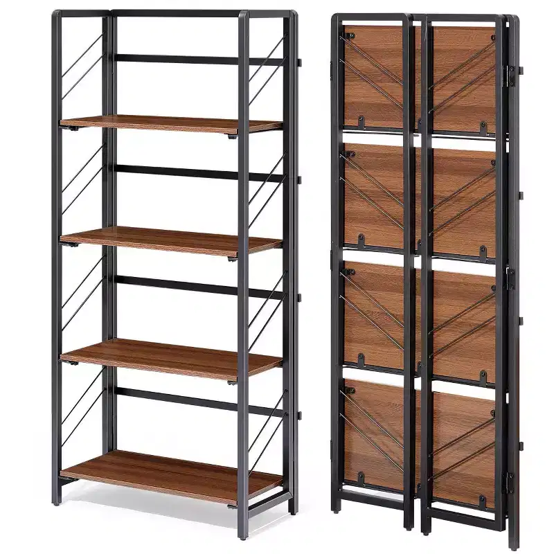 Folding Bookshelf - 4-Tier Vintage Office Bookcase - No-Assembly - Sturdy Black Frame & Brown Wood