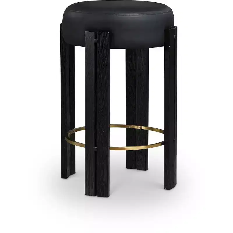 Black Vegan Leather Counter Stool, Brushed Brass Footrest, Backless, Contemporary Design