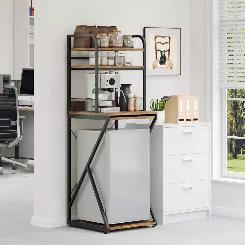 Mini Fridge Stand with Storage Shelf, Free-Standing Wooden Coffee Bar Cabinet with Power Outlet, Utility Microwave Stand, Coffee Bar Organizer