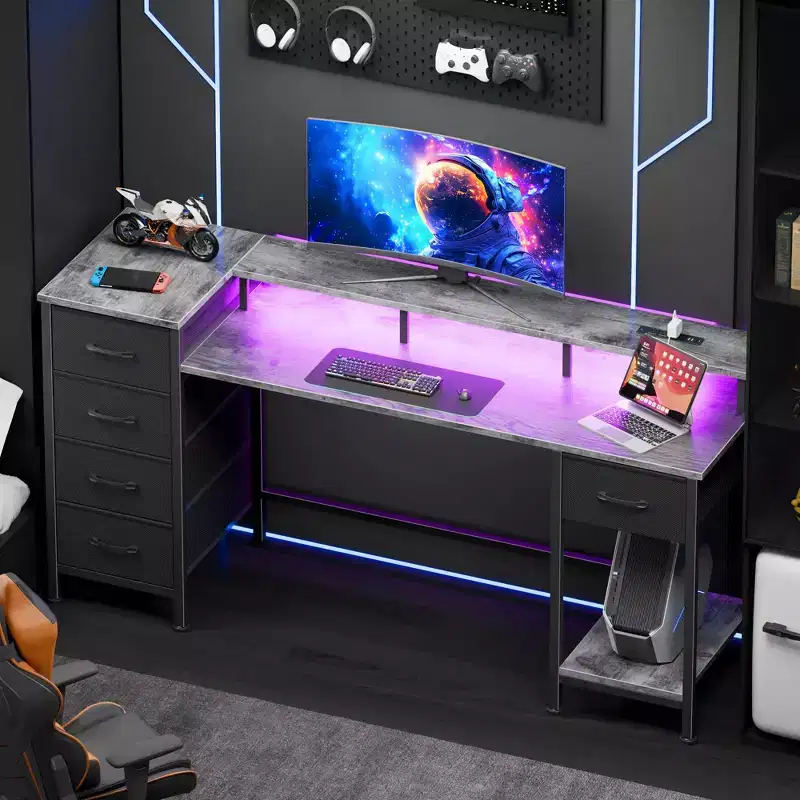 55 Inch Grey Computer Desk with Charging Station Reversible Gaming Desk LED Lights Fabric Drawers Home Office Writing Table Bedroom Study Storage