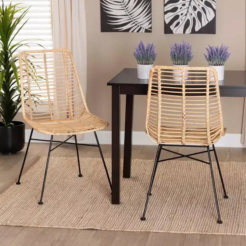 bali & pari Manhattan Modern Bohemian Natural Brown Rattan and Black Metal 2-Piece Dining Chair Set