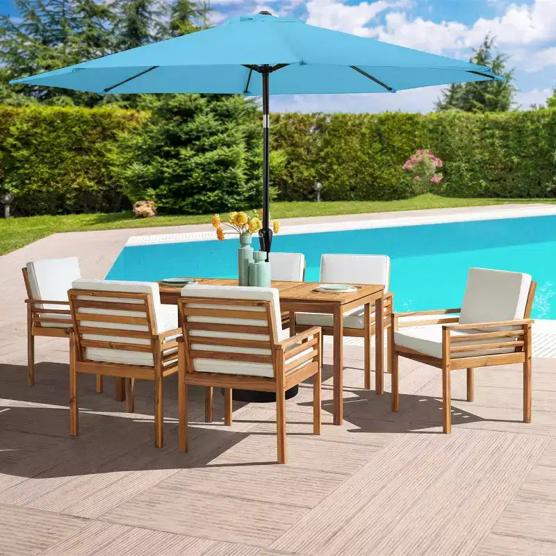 Alaterre Furniture 8pc Outdoor Patio Dining Set, Okemo Table with 10' Auto Tilt Umbrella Blue