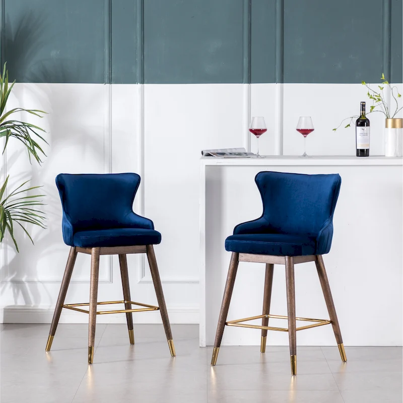 Modern Set of 2 Fabric Bar Stools with Foam-Padded Backrest Seat, Solid Wood Legs, for Kitchen Island Dining Room Living Room