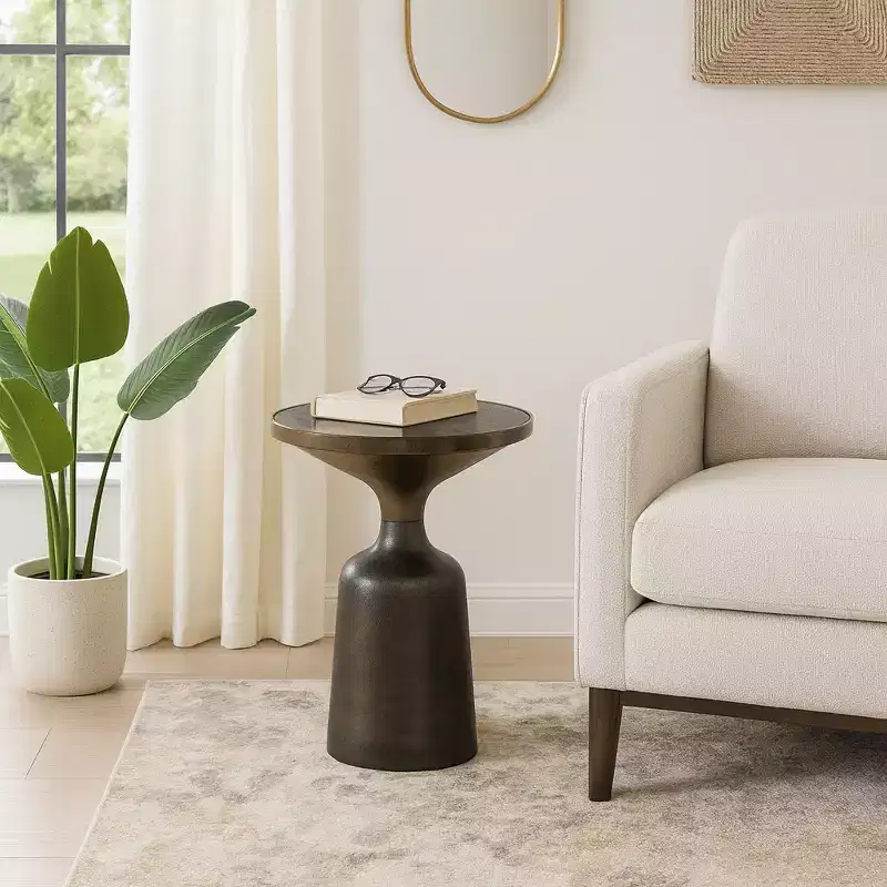 Marble Top Metal Accent Table - Round Side Table for Living Room, Bedroom & Small Spaces