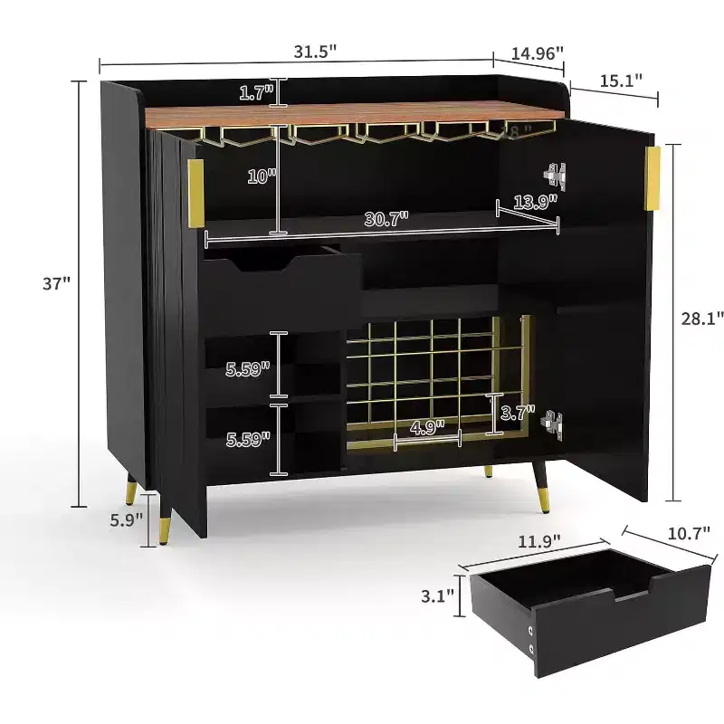 Liquor Cabinet with Wine Racks and Buffet Sideboard, Modern Coffee Bar Cabinet with Fluted Texture and Storage Drawers for Kitchen, Dining Room