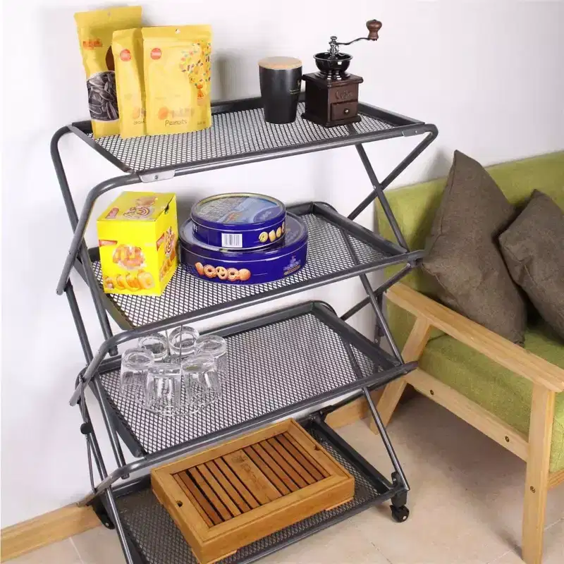 Zenree 4-Tier Foldable Steel Shelf with Casters, Powder-Coated Finish, Removable Mesh Trays, 39H