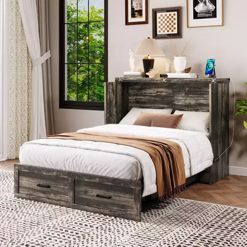 Gray / White Murphy Bed with Charging Station & Storage Drawer, Full / Queen, Sleeps 1–2