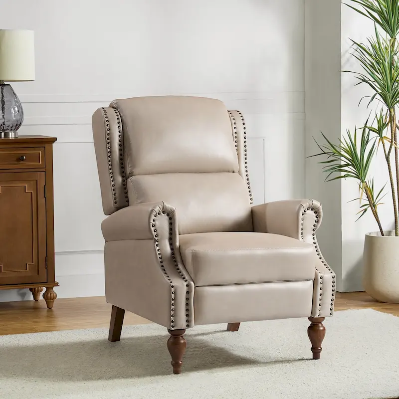 Traditional Vegan Leather Manual Push-Back Recliner, Padded Armrests, Solid Wood Legs, Living Room