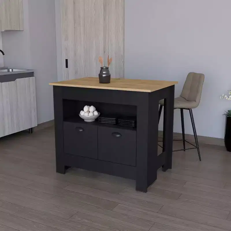 Modern Kitchen Island with 2 Cabinet Doors and 3 Storage Shelves