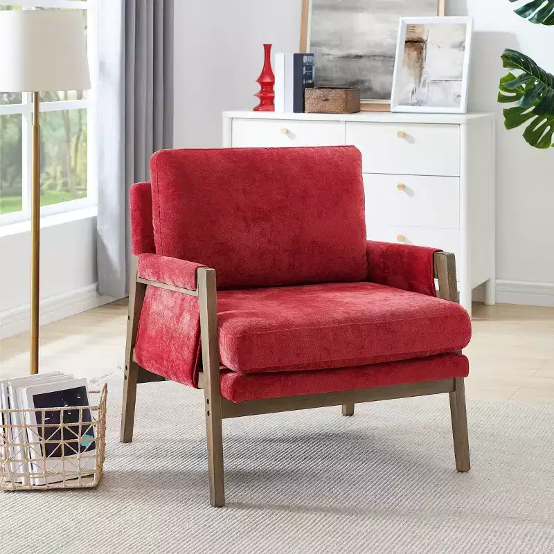 Modern Velvet Accent Chair Living Room Chair with Upholstered Mid-Century Stylish Armchair with Rubber Wood Legs for Reading Room Bedroom