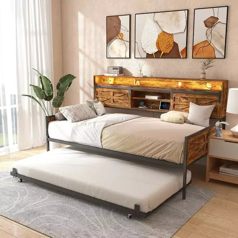 Twin Daybed with Trundle, with Sliding Barn Door Headboard LED Lightvy Duty Metal Daybed for Living Room Bedroom Guest Room, Brown
