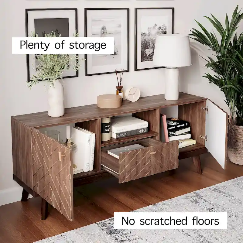 Mid-Century Modern TV Stand Console with Drawer, Beige, Fits TVs up to 65 in, Wood Legs