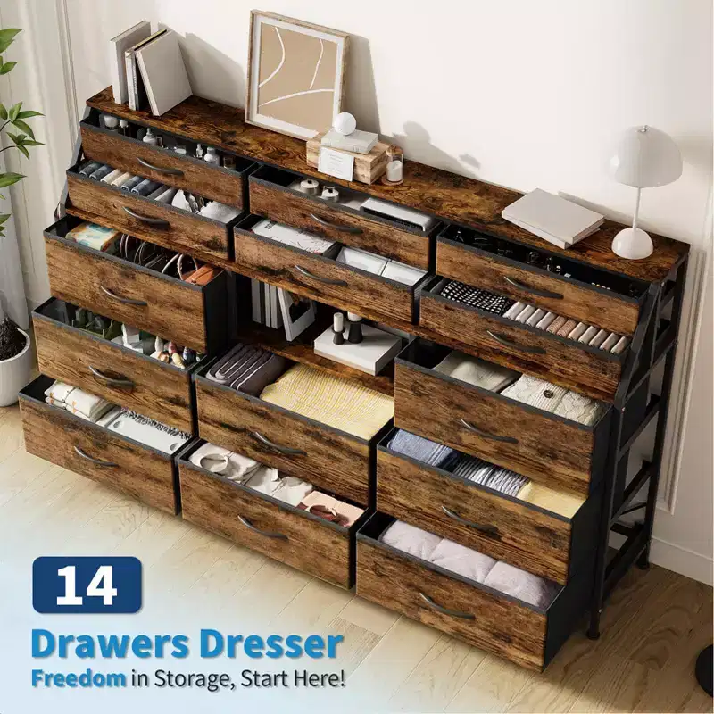 Farmhouse Dresser with 14 Fabric Drawers, Rustic Chest of Drawers w/Metal Frame and Wood Top for Bedroom, Living Room - Brown