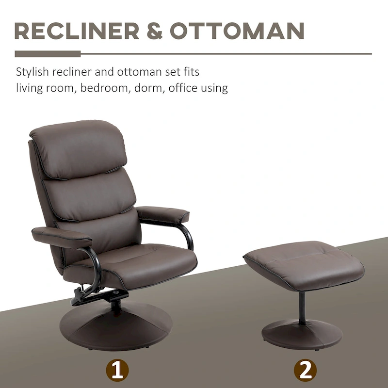 HOMCOM Recliner Chair with Ottoman, Swivel PU Leather High Back Armchair w/ Footrest Stool, 135 Adjustable Backrest