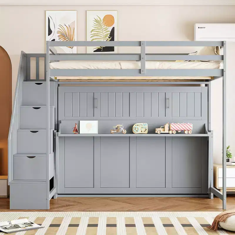 Full Over Full Size Bunk Bed, Murphy Bed with Hydraulic Lift & Desk Design - ModernLuxe