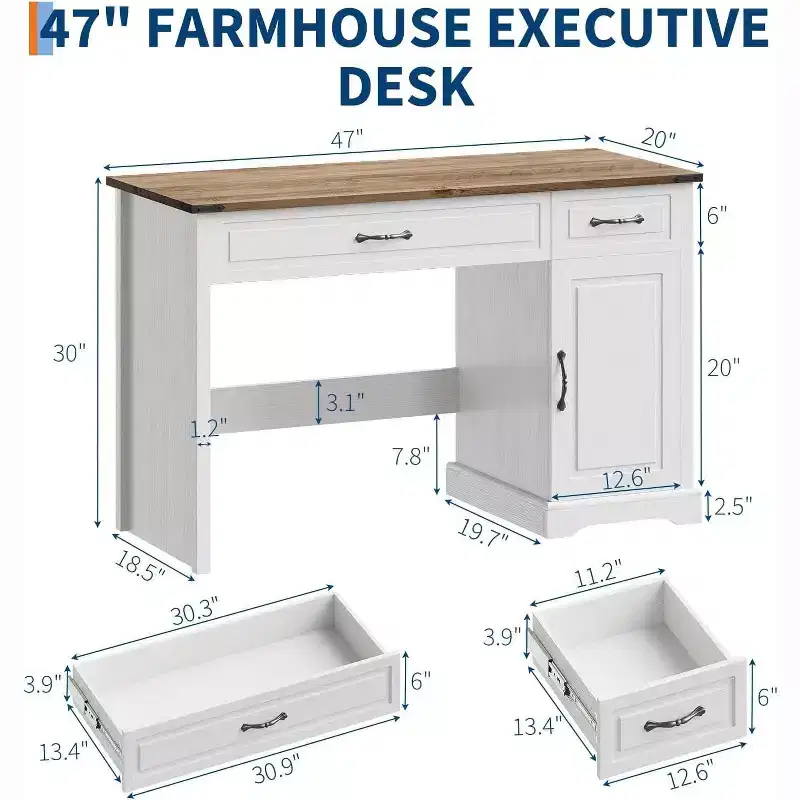 47 Executive Desk with Drawers & Storage Cabinet - Rustic Workstation for Home Office/Study/Bedroom, Antique White