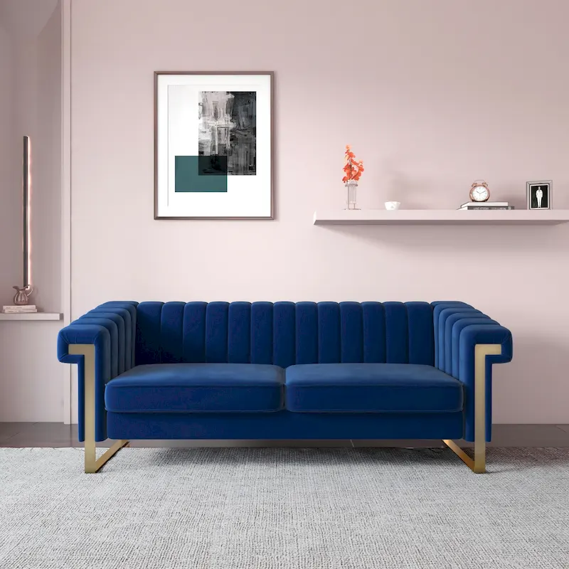Takefuns Traditional Chesterfield Tufted Velvet Sofa, Couch with Removable Cushions and Gold Legs