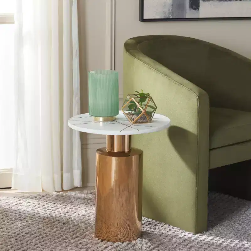 Round Marble & Brass Top Side Table with Copper Pedestal Base, Modern Accent Table