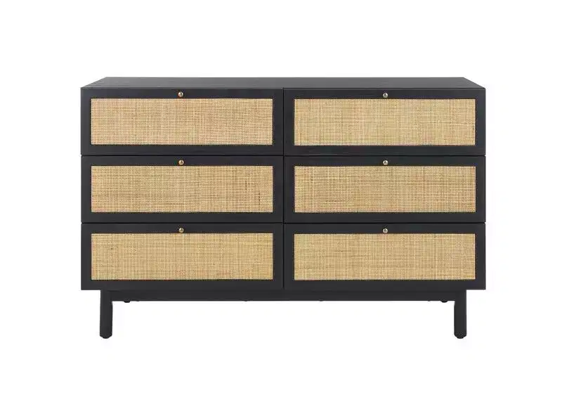 Rattan Mesh 6-Drawer Dresser DRS9600 in Deep Walnut with Gold Pulls