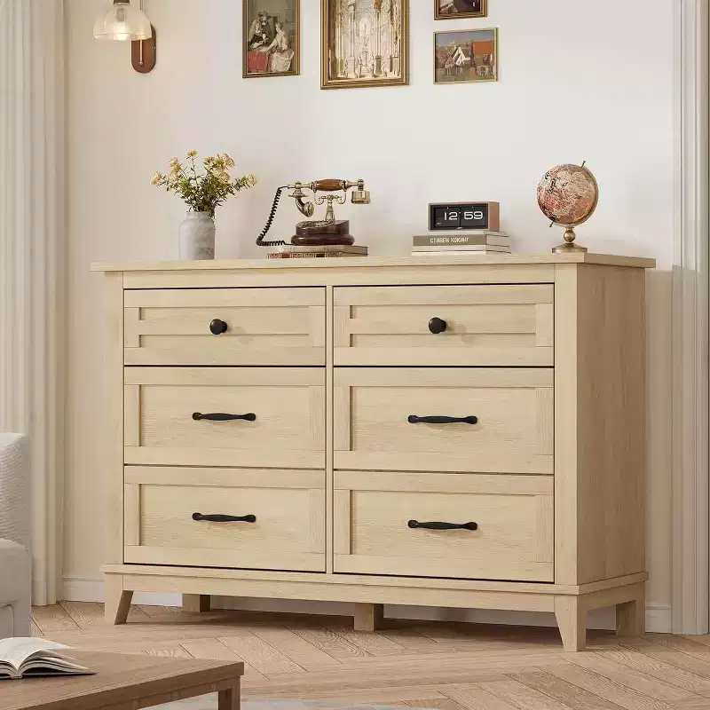 47 in Wide 6-Drawer Dresser for Bedroom, Wooden Closet Storage Chest for Living Room, Entryway, Natural Oak