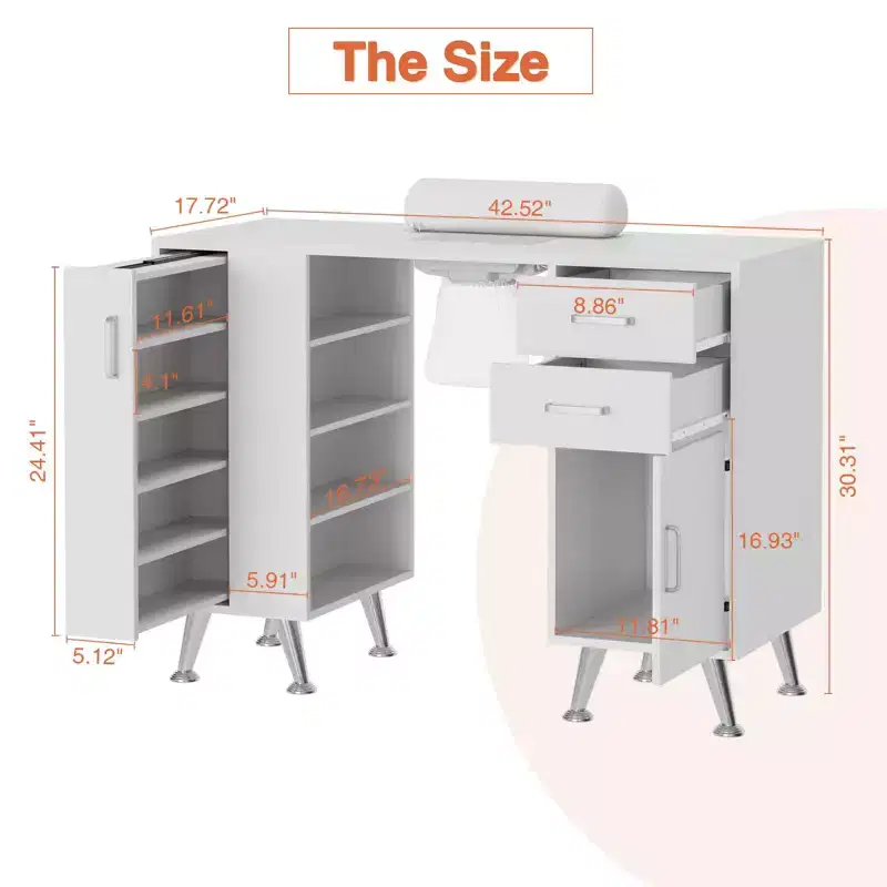 Manicure Table Nail Station with Wrist Rest and Dust Collector, Nail Desk with Vertical Pull-Out Locker, White
