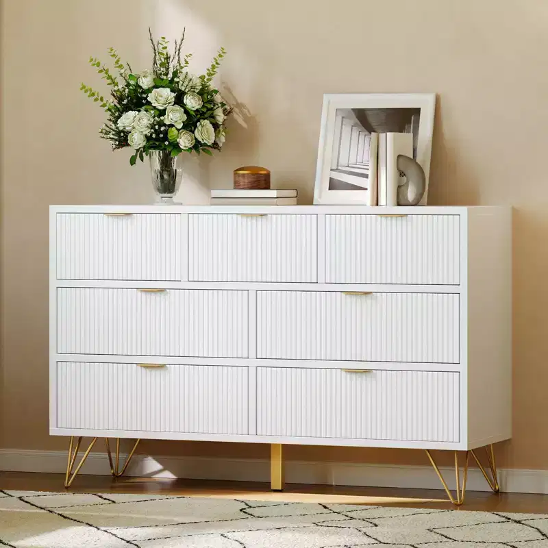 7 Drawer Dresser for Bedroom, 47.2 Wide Chest of Drawers with Metal Legs, TV Stand Dresser Storage Cabinet, Entryway Storage Organizer