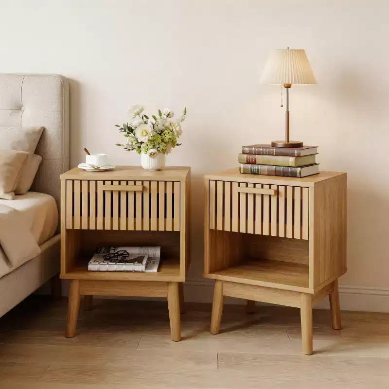 Set of 2 Boho Nightstands w/ Striped Drawer and Open Shelf, Compact Wood Bedside End Table, Small Space Side Table for Bedroom and Living Room