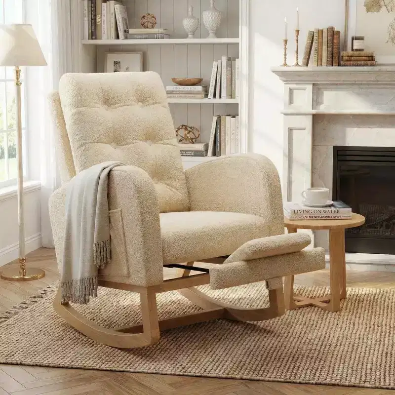 Upholstered Glider Rocking Chair with Side Pocket, Wood Frame, 1-Seat, Multiple Colors