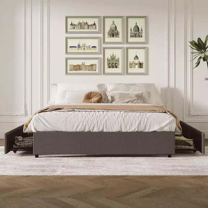 Coolmee King Size Bed Frame with 4 Storage Drawers, King Platform Bed with Linen Fabric Upholstered and Wooden Slats Support, No Box Spring Needed