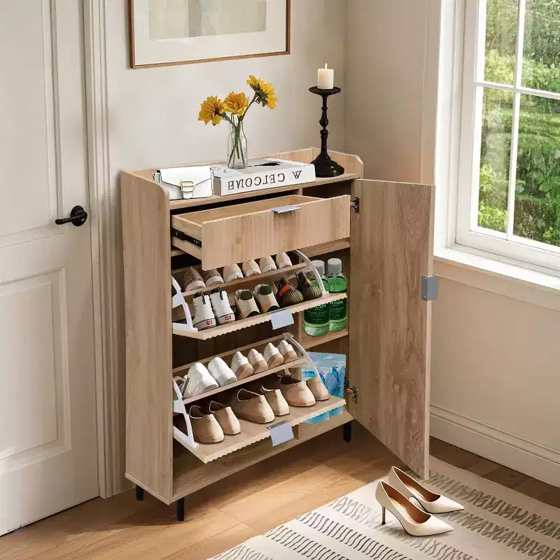 Wave Pattern Narrow Shoe Cabinet with Double Trays, Drawer and Metal Legs, Oak