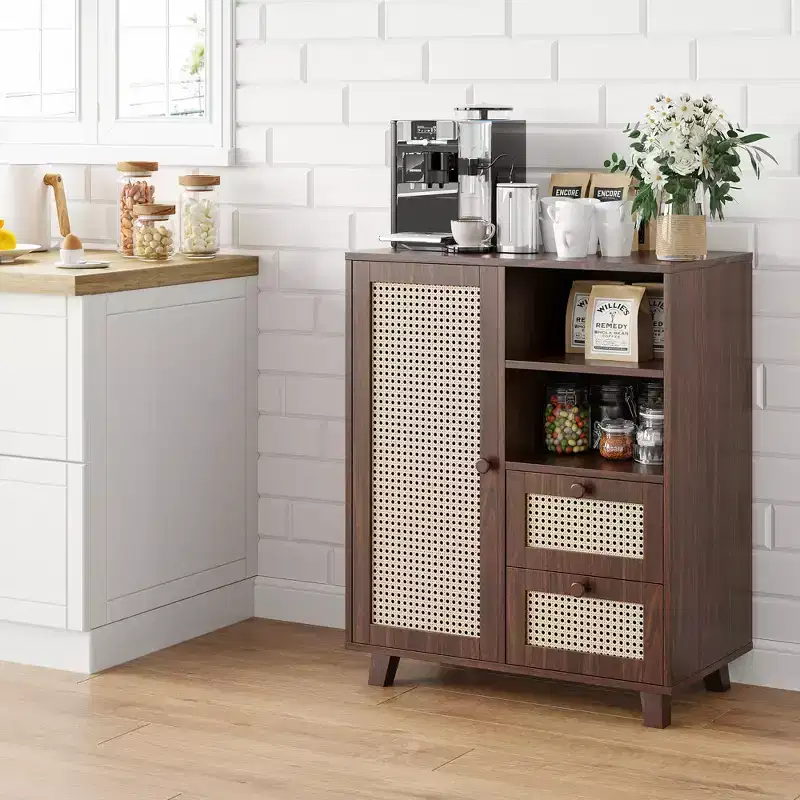 15-Inch Rattan-Woven Panel Door Side Cabinet with Adjustable Shelves and Drawers, Walnut