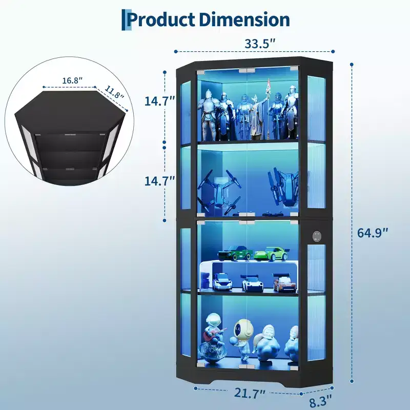 4-Tier Corner Display Cabinet with Glass Doors & LED Lights, Modern Curio Case Bookshelf Storage Organizer for Collectibles & Living Room