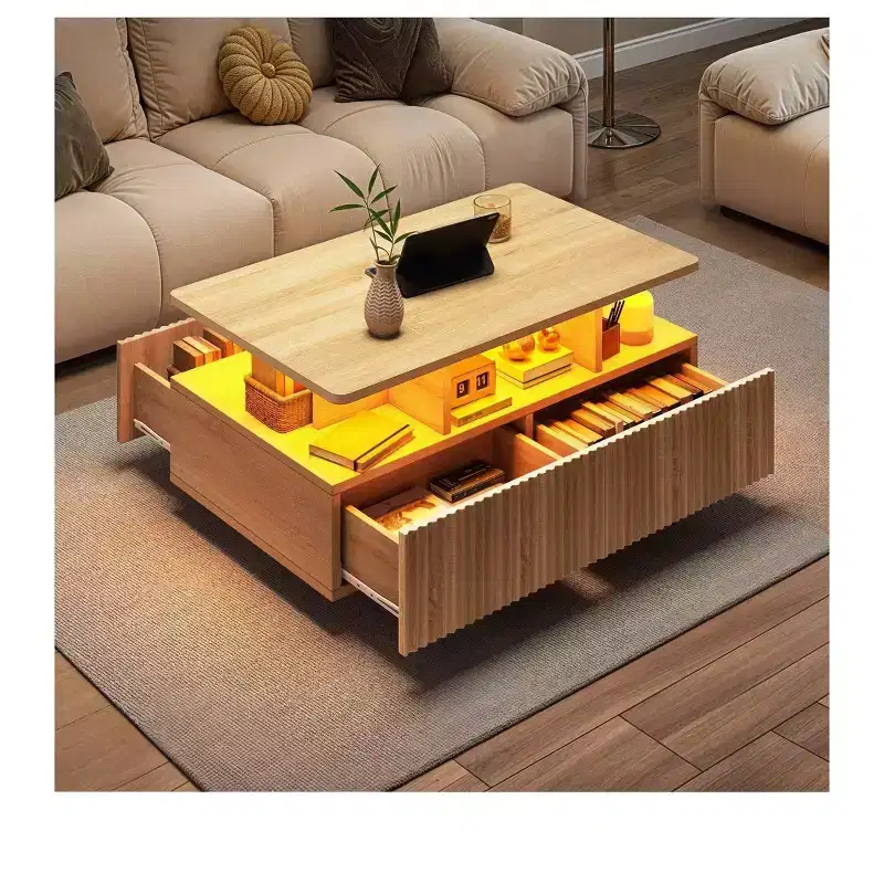 Farmhouse LED Coffee Table with 4 Drawers & Open Compartment, Modern Rectangle Design, Wood Coffee Table