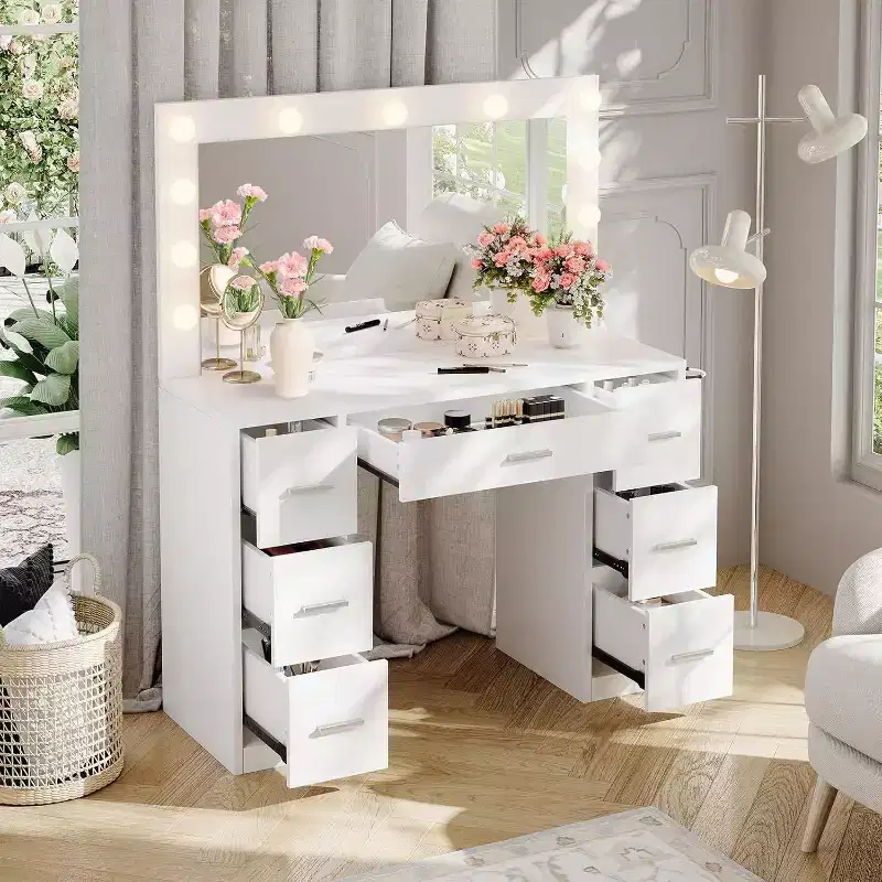 White Vanity Desk with Mirror, Adjustable Lighting & Power Outlets, 7-Drawer Makeup Table for Bedroom