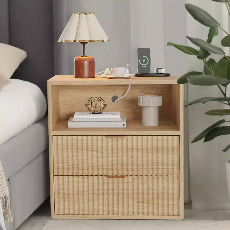 Fluted Farmhouse Nightstand Set of 2 - 23 Mid-Century Modern End Tables with Charging Station (2 Drawers, Wood) for Bedroom/Home Office