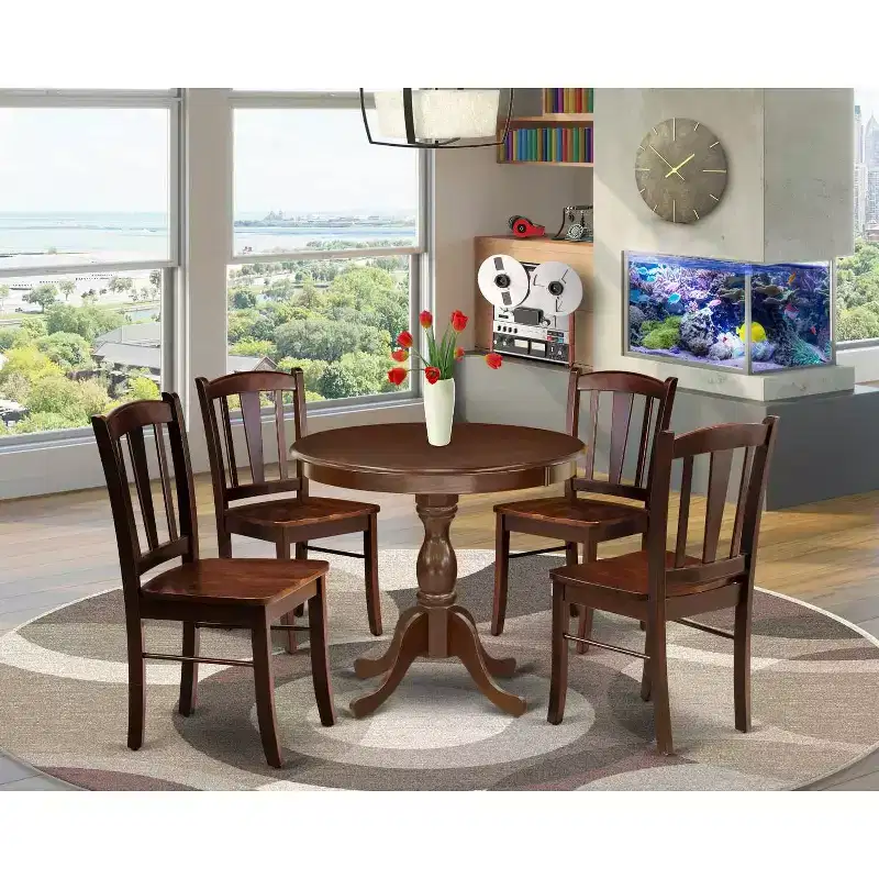 5-Piece Mahogany Finish Solid Wood Top Dining table with 4 Chairs with Slat Back