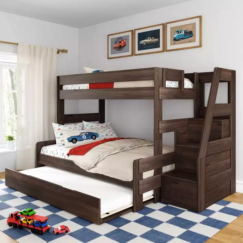 Modern Farmhouse Twin Over Full Bunk Bed With Staircase and Trundle