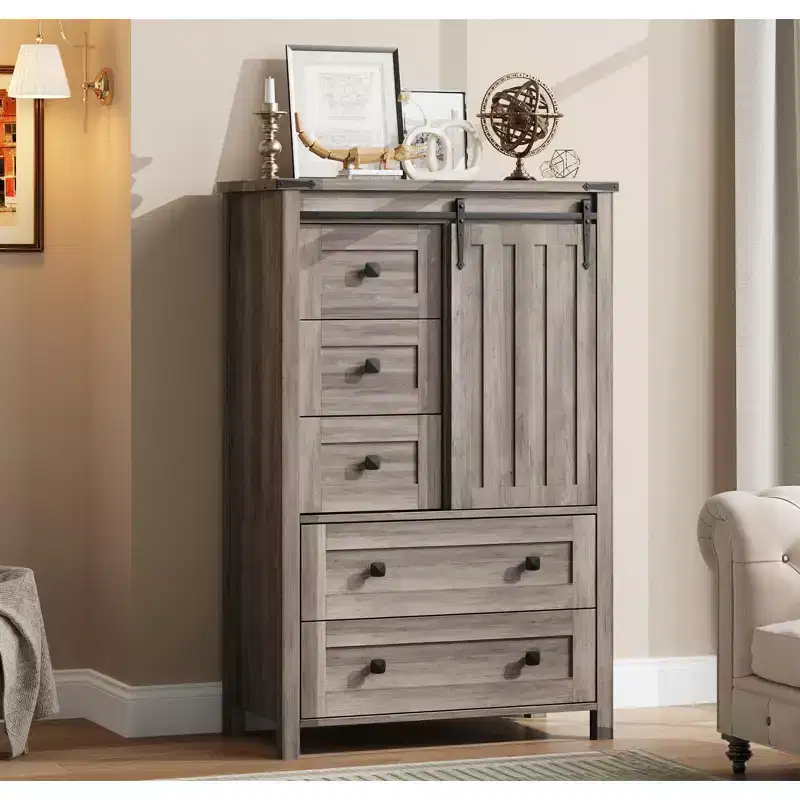 Farmhouse 5-Drawer Dresser, 48 Tall Wood Chest with Sliding Barn Door & Adjustable Shelf, Storage Organizer, Grey