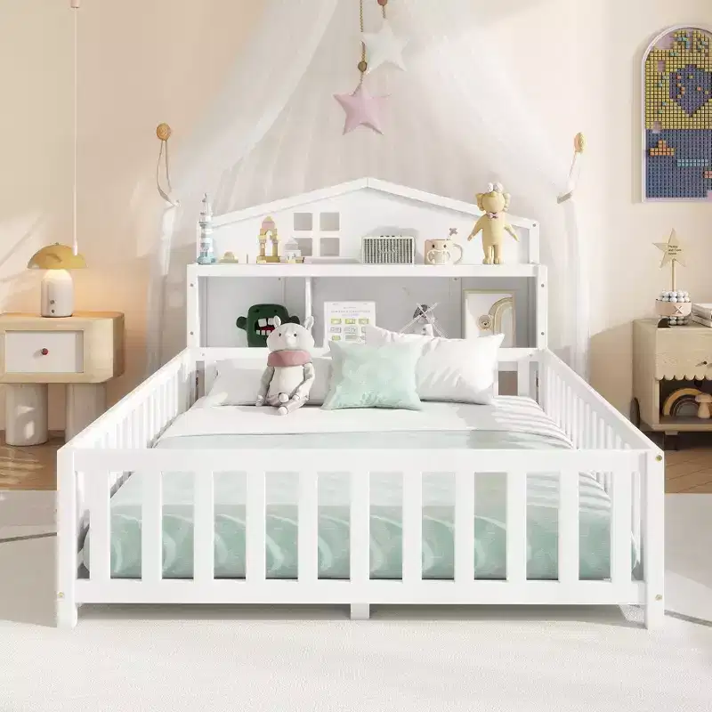 Full Size Montessori Floor Bed with Bookcases, Blackboards and Storage Headboard, White