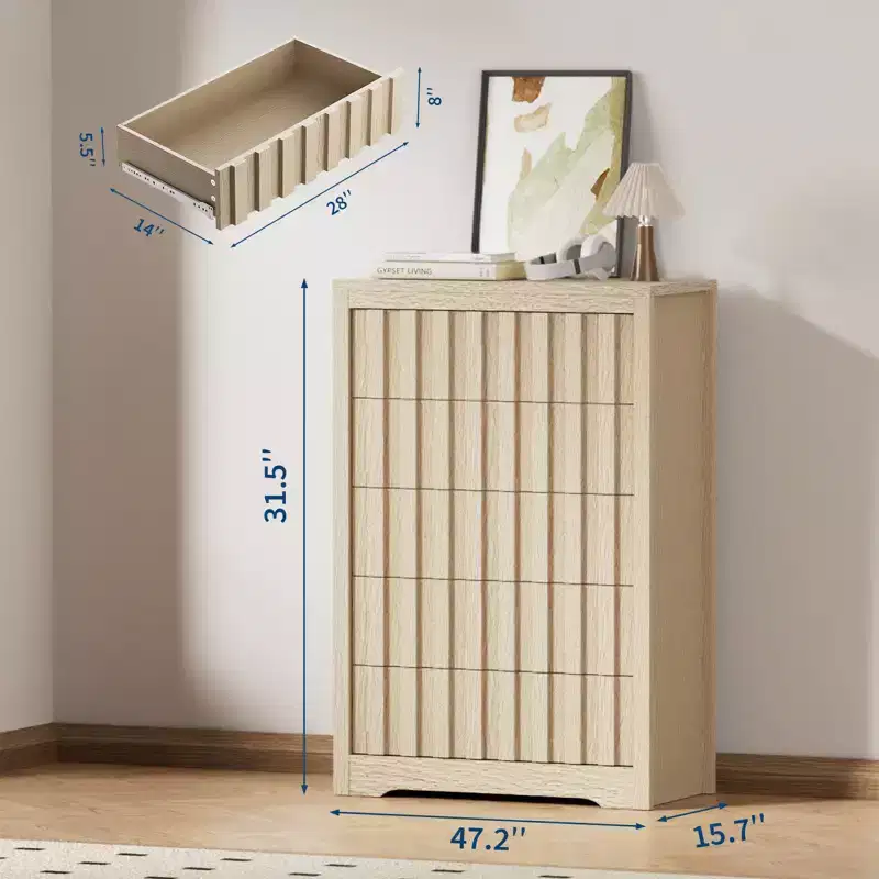 COZONY Tall Fluted 5-Drawer Modern Wooden Dresser  Handleless Chest with Deep Storage for Bedroom, Living Room & Hallway, Natural Oak