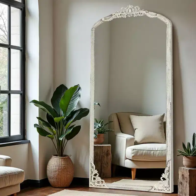Solid wood carved flower straight-angle micro-curved weathered white full-length mirror 170x70x2cm (without stand)