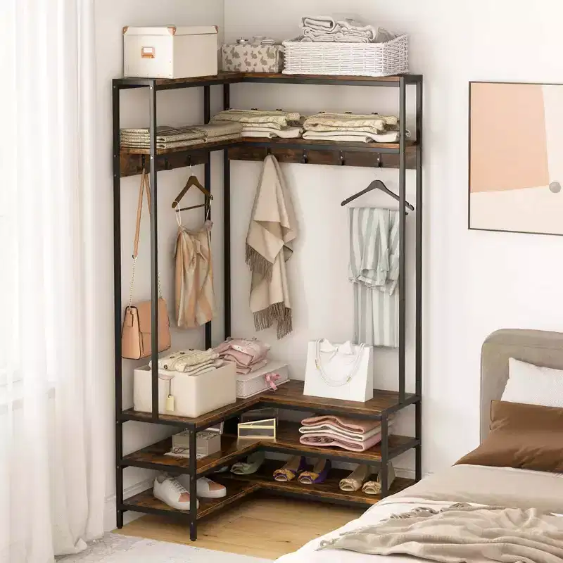 Costway Corner Garment Rack L-shaped Clothes Rack with Open Shelves & Adjustable Foot Pads Rustic Brown/Walnut/White